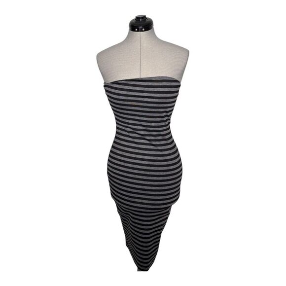 Express Dress Womens Sz 2 Black Gray Striped Strapless Bodycon Stretch - Picture 1 of 7